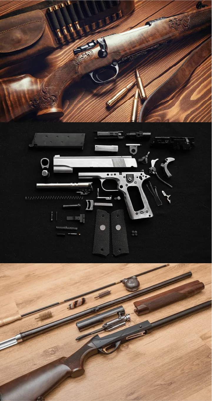 Rifle parts, a disassembled pistol and gun components on a workbench
